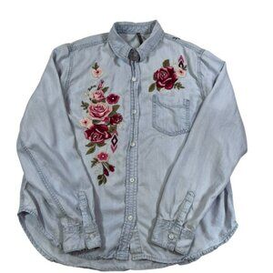 Stetson Embroidered Floral Chambray Button-Down Shirt — Women’s Large